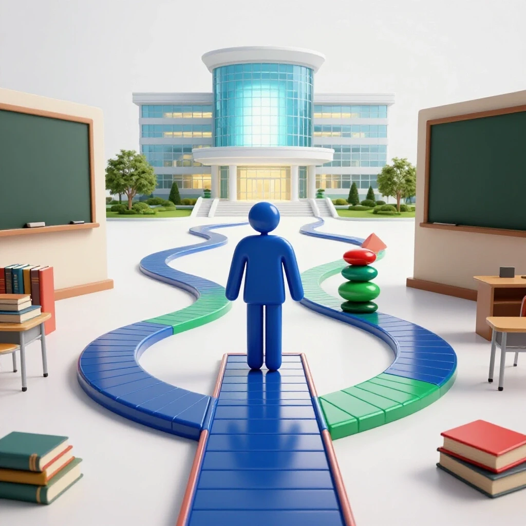 A vibrant winding path splits from a classroom toward a glowing hospital, symbolizing success in nursing.