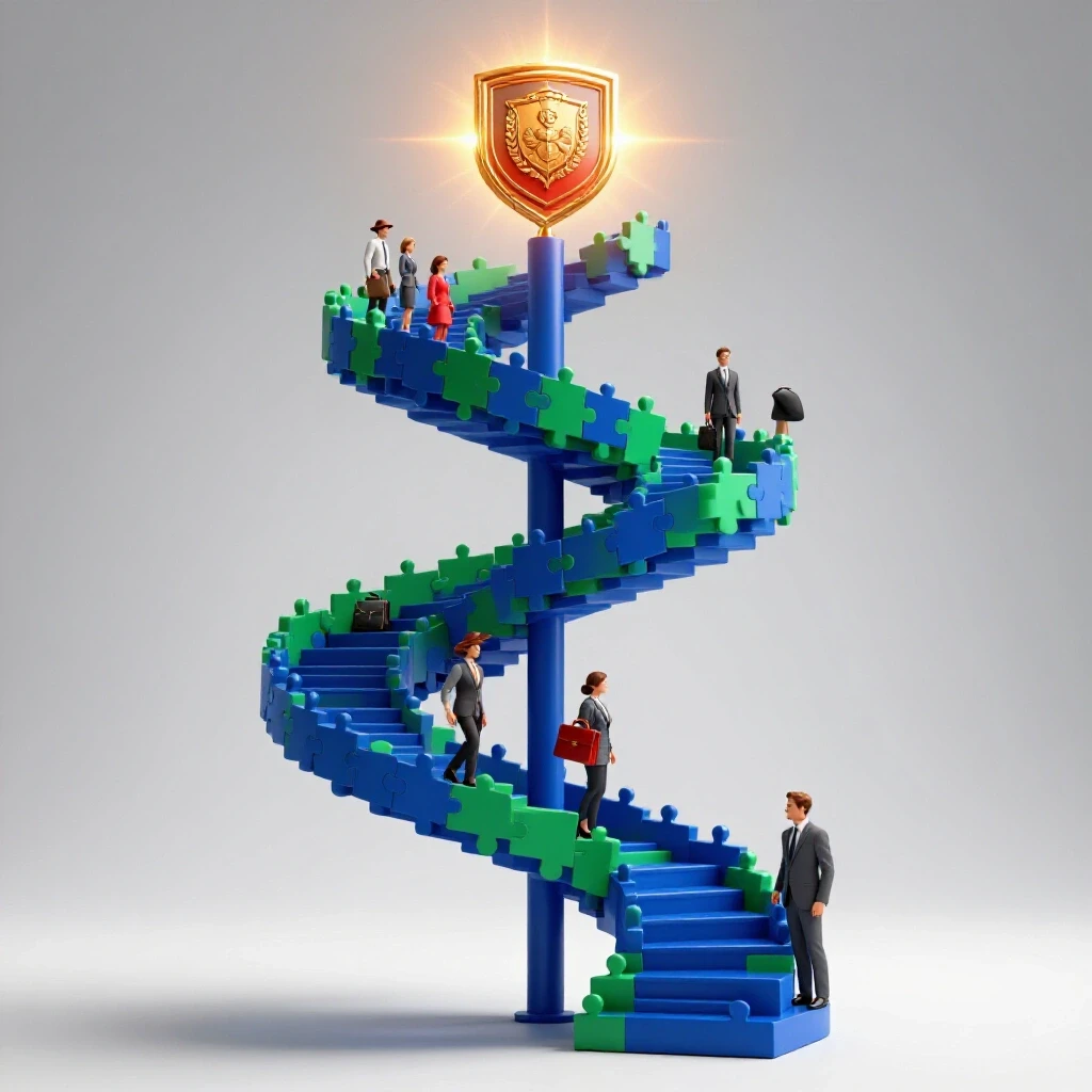 Diverse professional symbols ascend a winding puzzle-piece staircase toward a shining certification emblem on a bright background.