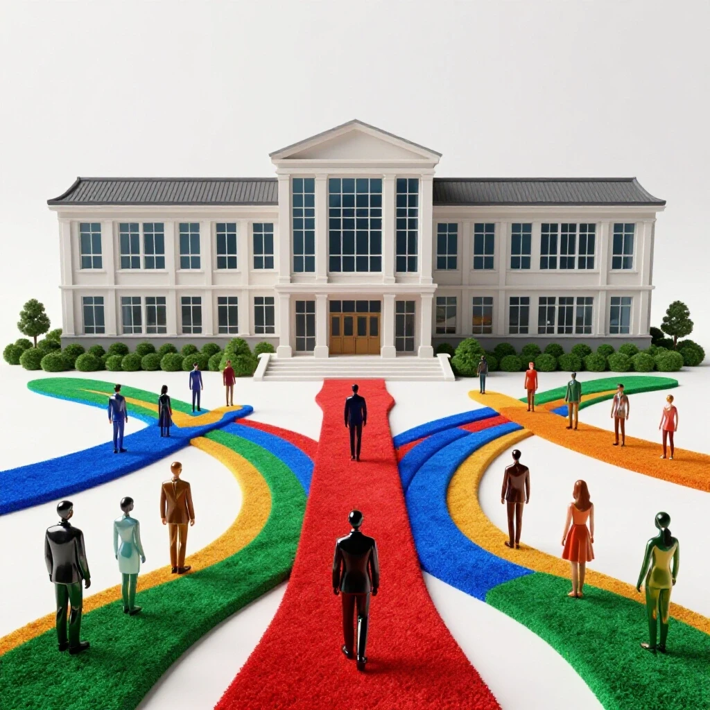 Stylized adults at different life stages stand at branching colorful pathways near a grand school building
