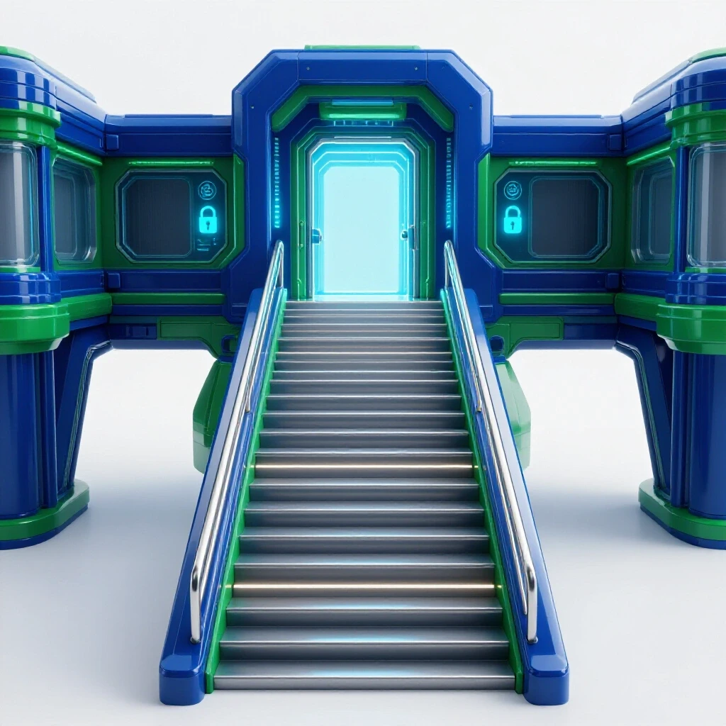 Futuristic illuminated staircase leads to secure high-tech facility with glowing locks on bright background