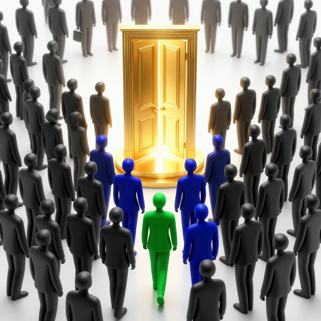 A glowing golden doorway stands amid abstract student figures, with only a few advancing forward toward it.