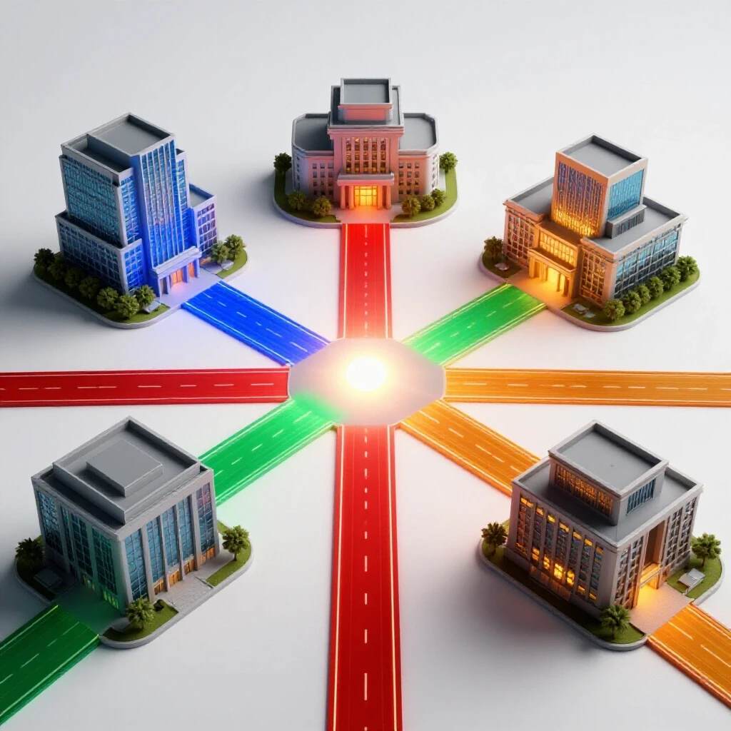 Four illuminated paths in rich colors converge at a crossroads, each leading to a distinct modern building on a white background.