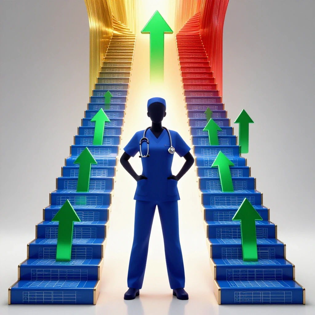 Nurse practitioner uniform and stethoscope at the base of an upward staircase made of glossy charts and arrows, set against a bright background symbolizing career growth and salary trends.