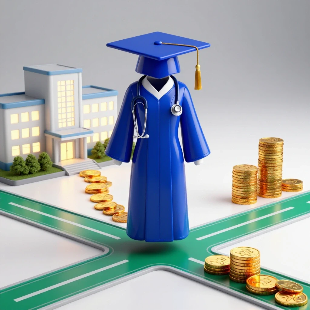 Nursing graduation cap and gown at a crossroads, glowing hospital and gold coins symbolizing salary growth