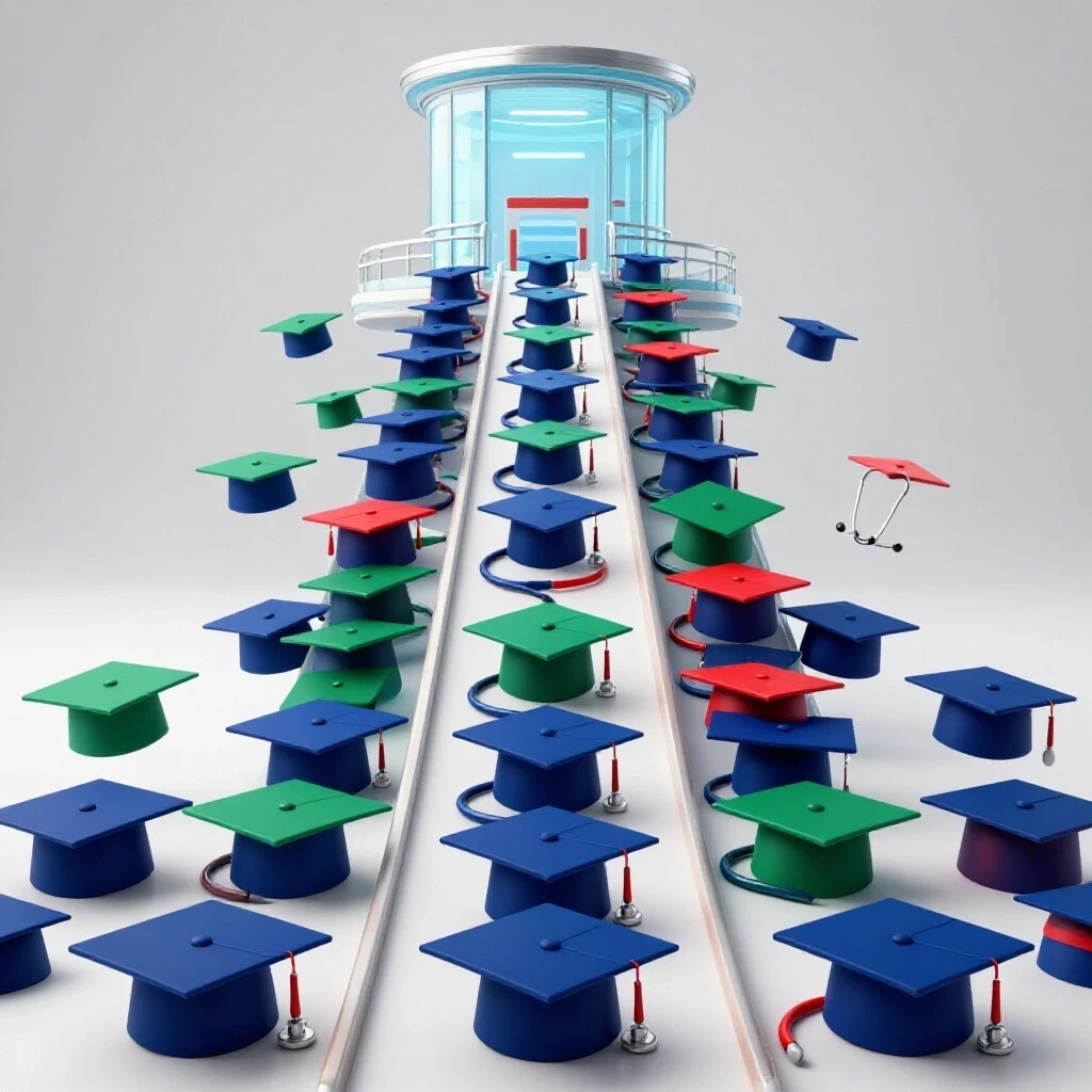 A vibrant pathway of graduation caps and stethoscopes leads to a glowing hospital amid a bright white backdrop.