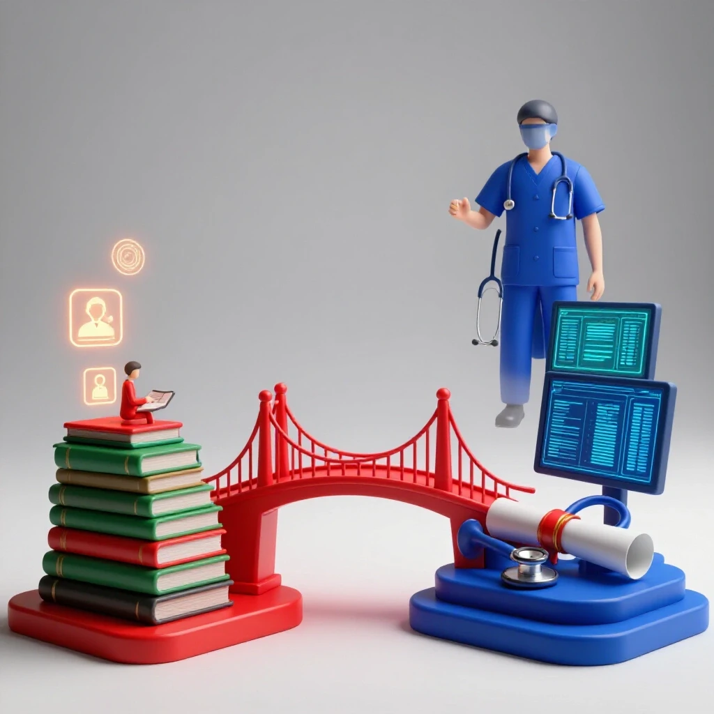 Vibrant bridge connects symbols of student life and healthcare career in a bright, clean studio scene.