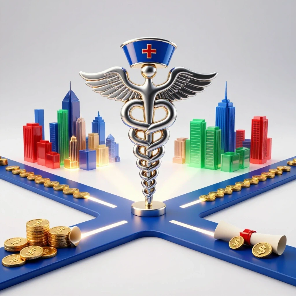 Metallic nurse symbol at crossroads with a vibrant city skyline, gold coins, and diplomas on bright background.
