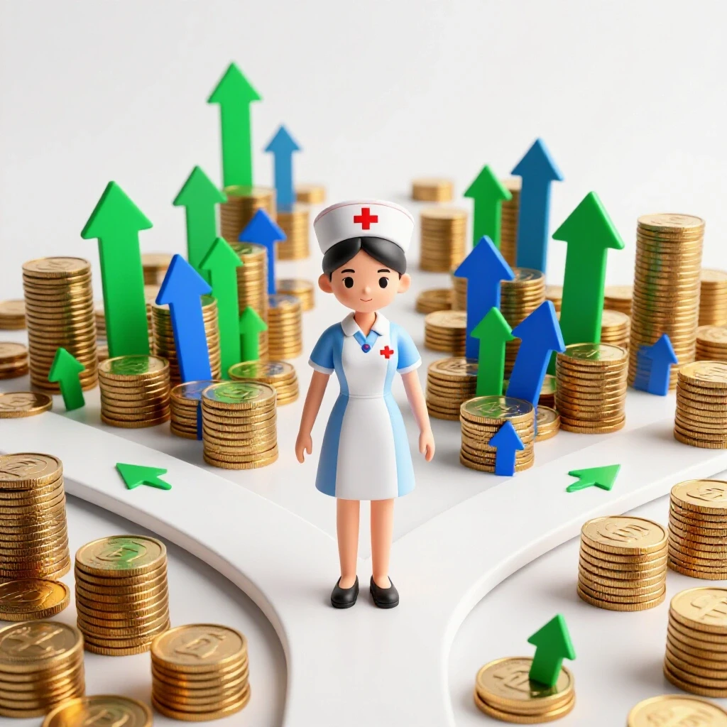 A nurse figure stands at a bright crossroads choosing between rising coin stacks with arrows or a fading path.
