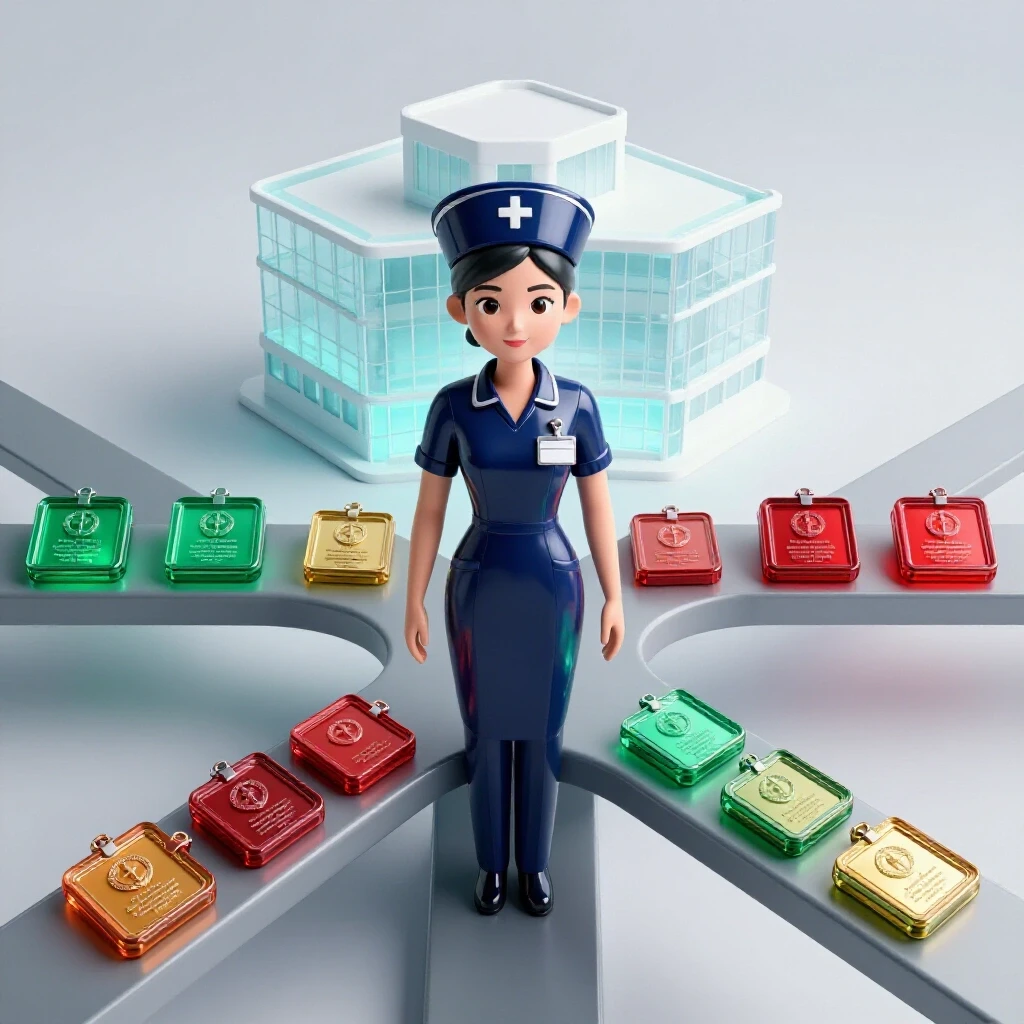 A vibrant nurse symbol stands at a crossroads lined with glowing certification badges, paths leading to a bright hospital.