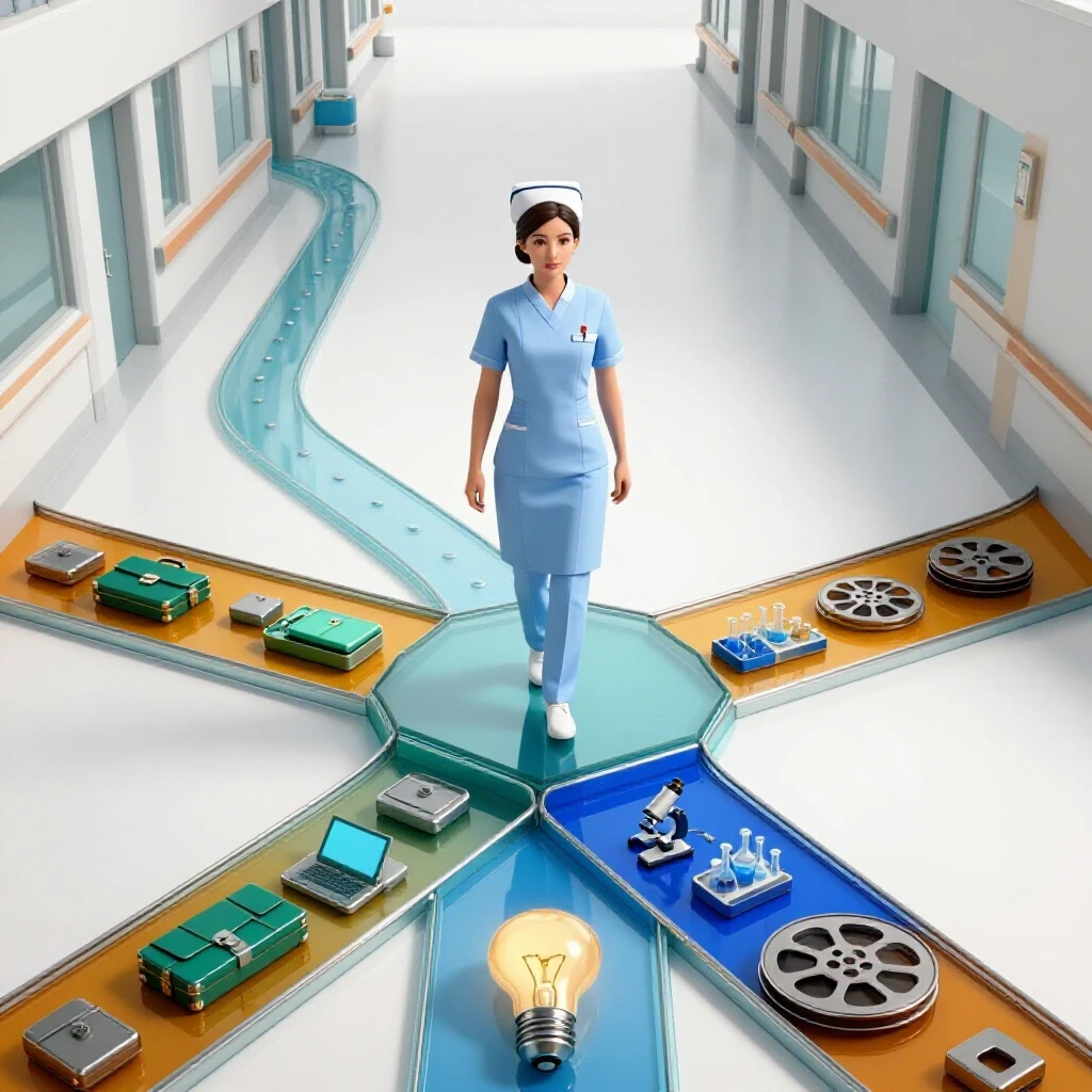 A nurse's uniform at a glass crossroads with vibrant office, science, and creative industry icons branching out.