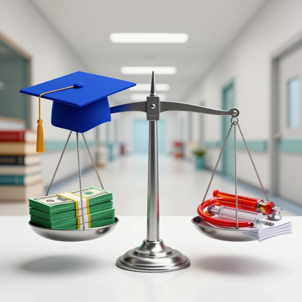 A balance scale with a graduation cap and cash on one side and medical tools with paperwork on the other, set against a bright background blending college and hospital elements.