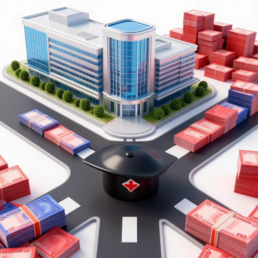 A crossroads with a shiny hospital on one path and a pile of student loan bills on the other, centered nurse's cap in foreground, bright background.