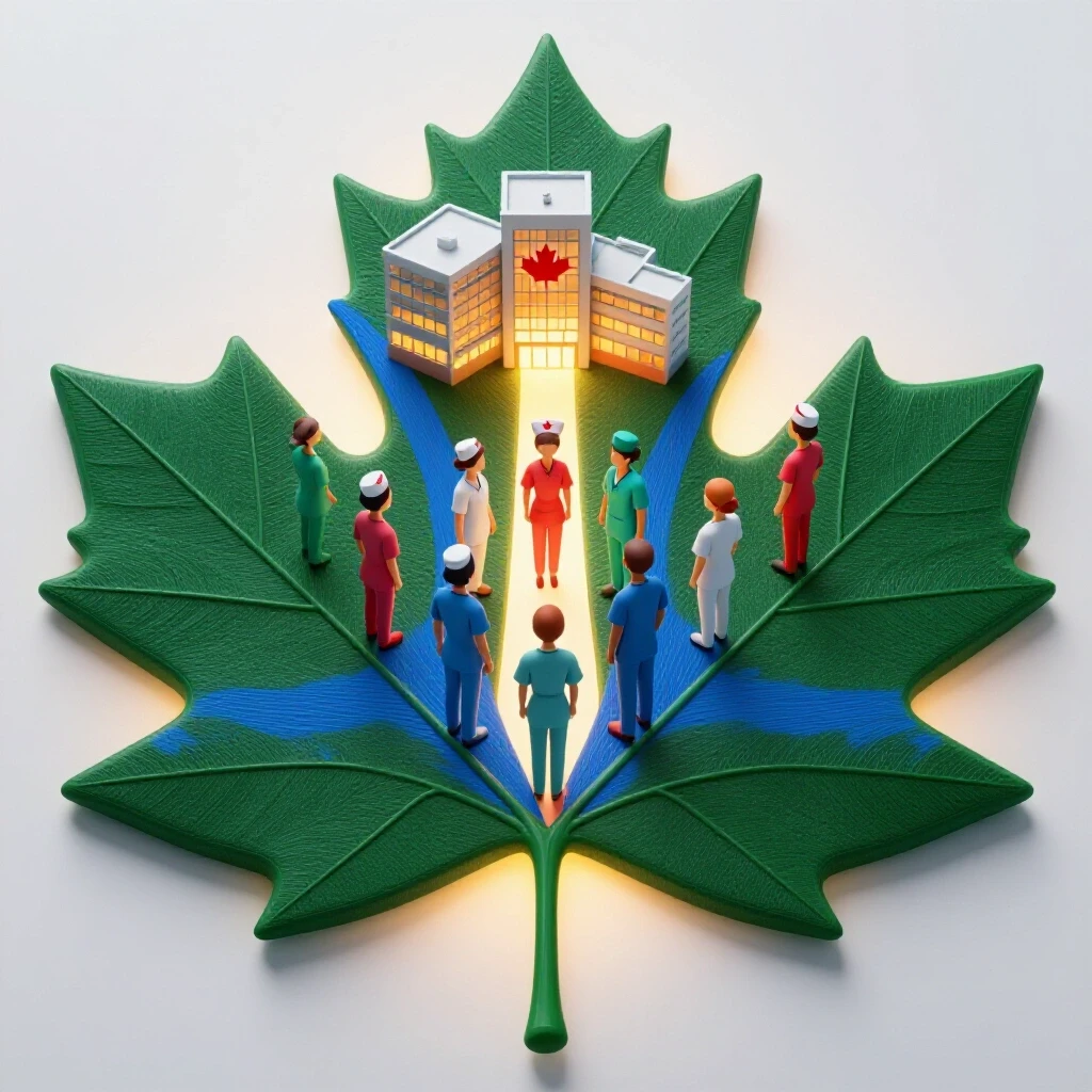 Diverse group of aspiring nurses at a maple leaf crossroads with a bright path leading to a modern Canadian hospital.