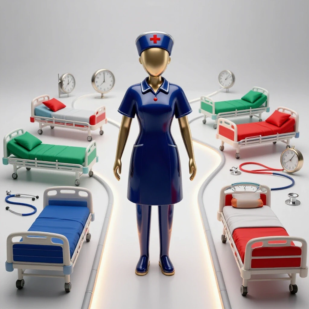 A determined nurse symbol stands at the start of a bright, winding path through evolving hospital scenes with clocks.
