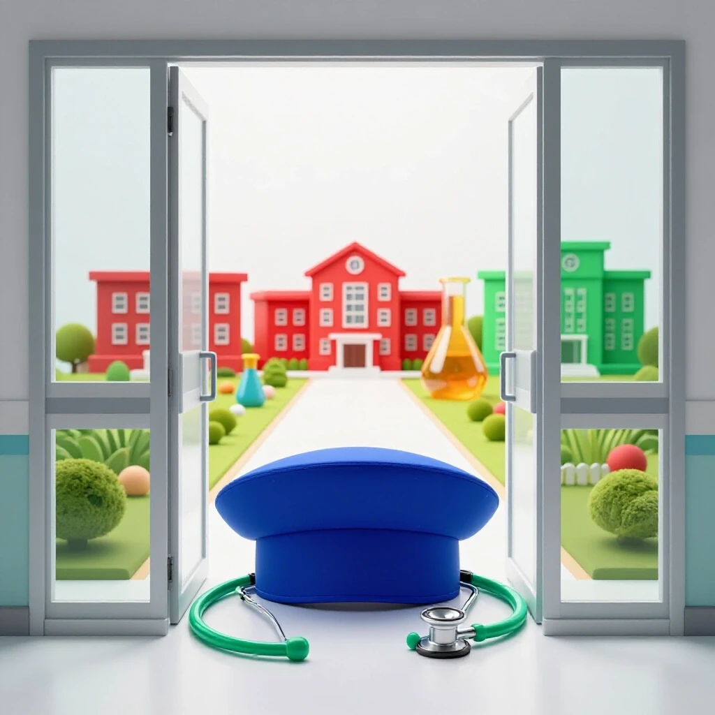 A nurse's cap and stethoscope at a hospital doorway, leading to vibrant icons of schools, labs, and community centers.