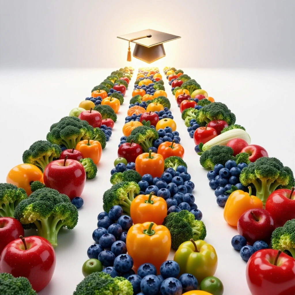 A vibrant pathway of rich fruits and vegetables leads to a glowing diploma against a bright white background.