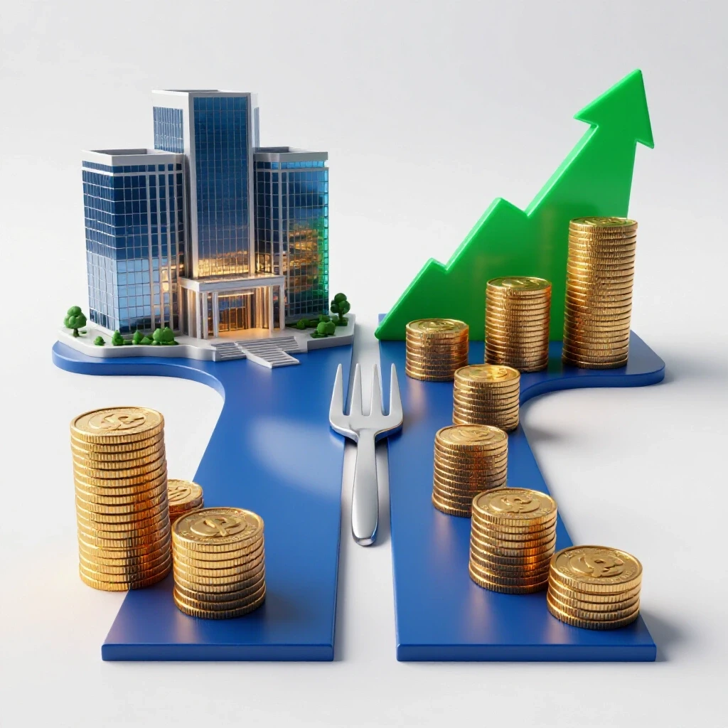 Forked path with rising coin stacks toward an academic building and shrinking coins next to an upward graph arrow.