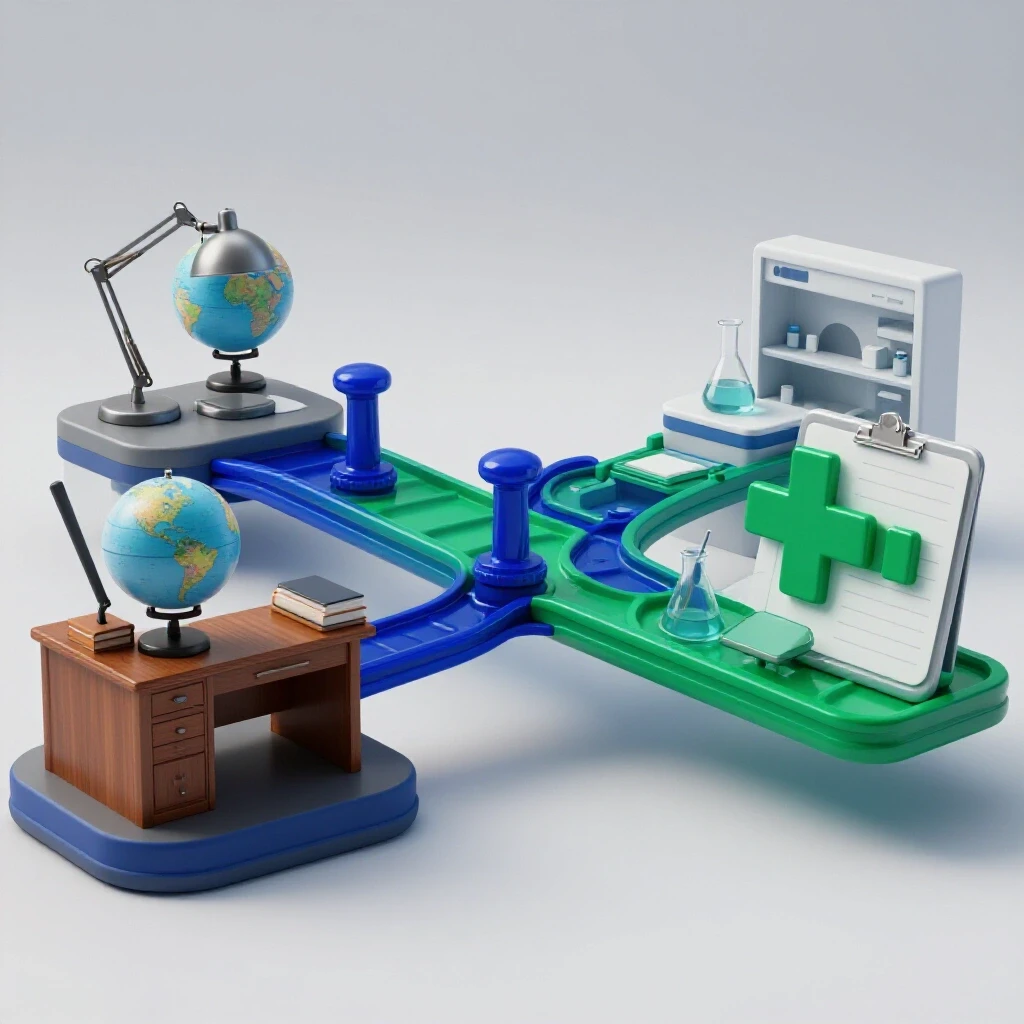 Central platform bridging home office and healthcare lab environments with intertwined license symbols