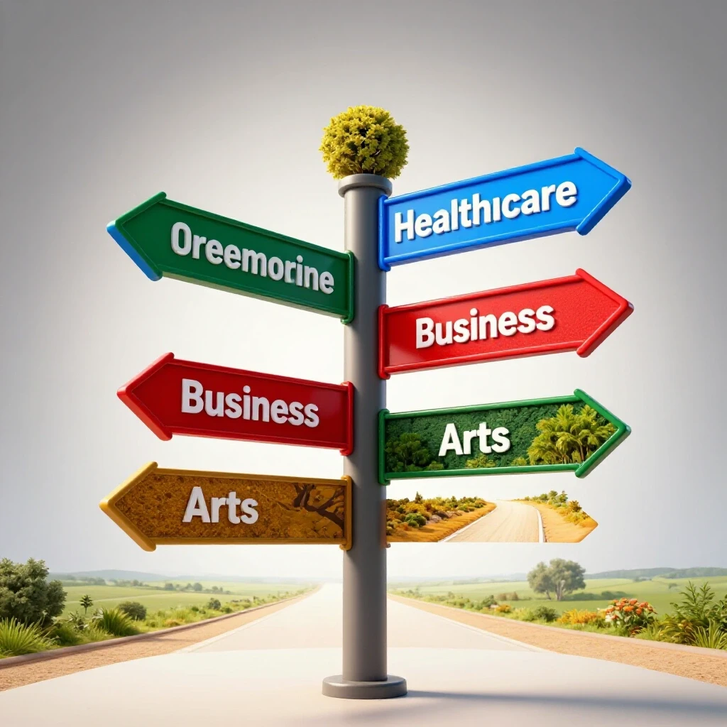 Glossy crossroads signpost with vibrant arrows leading to career-themed landscapes on a bright backdrop