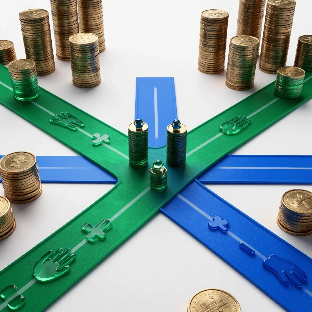 Colorful crossroads showing a healing pathway with medical symbols and another path lined with stacks of coins, all on a bright white background