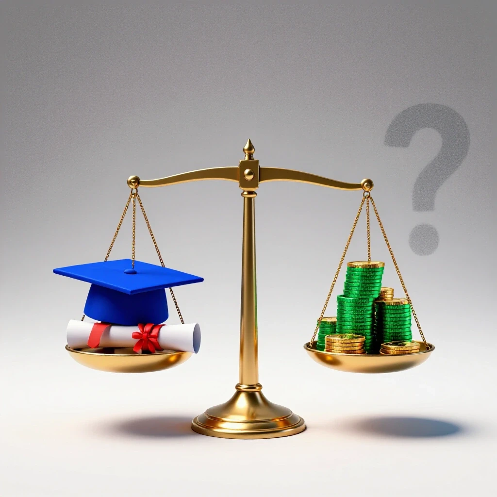 Balanced scale with graduation cap and diploma on one side, coins and question mark shadow on the other, set on a bright clean background.