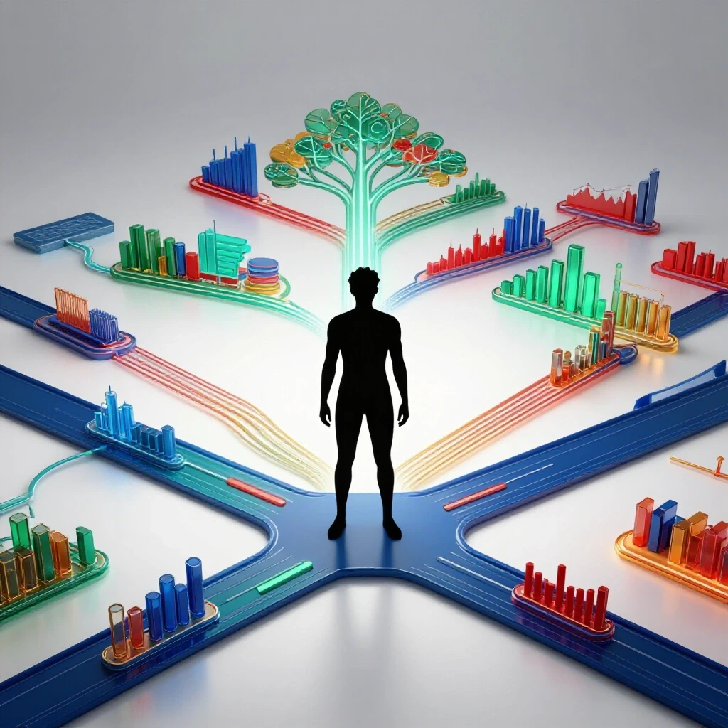 A confident figure stands at a crossroads with glowing data charts branching into vibrant career pathways on a luminous white background.