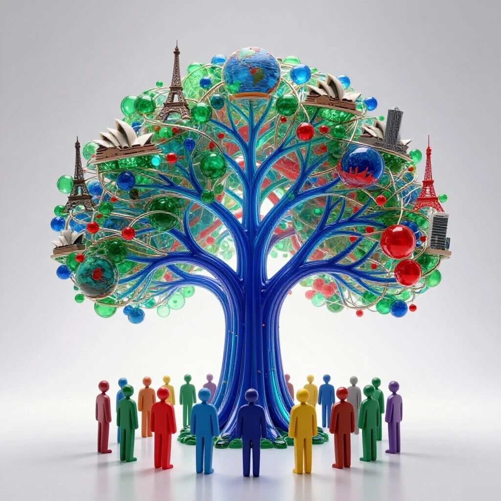 Luminous data tree with vibrant, symbolic figures below, branching into global landmarks on a bright background.