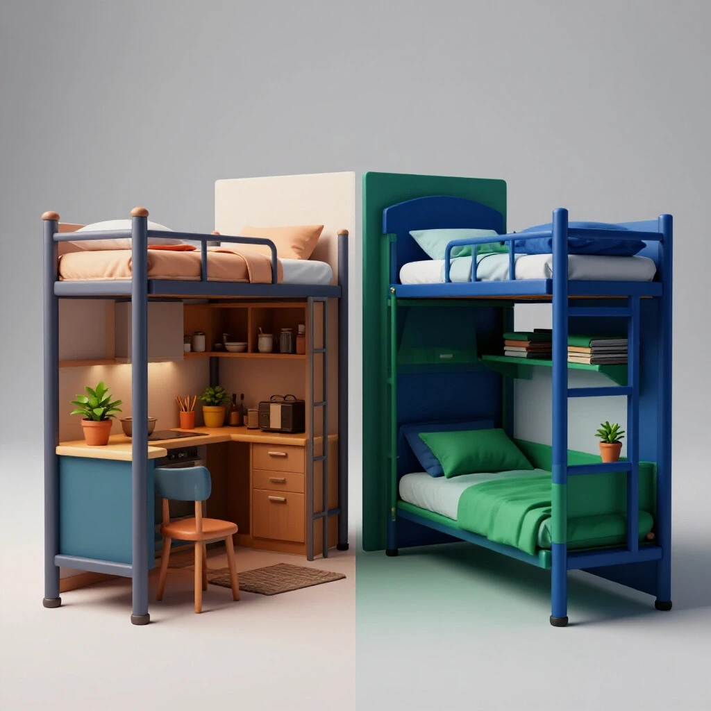 Split scene with cozy off-campus apartment and crowded dorm room, contrasting comfort and space visually.
