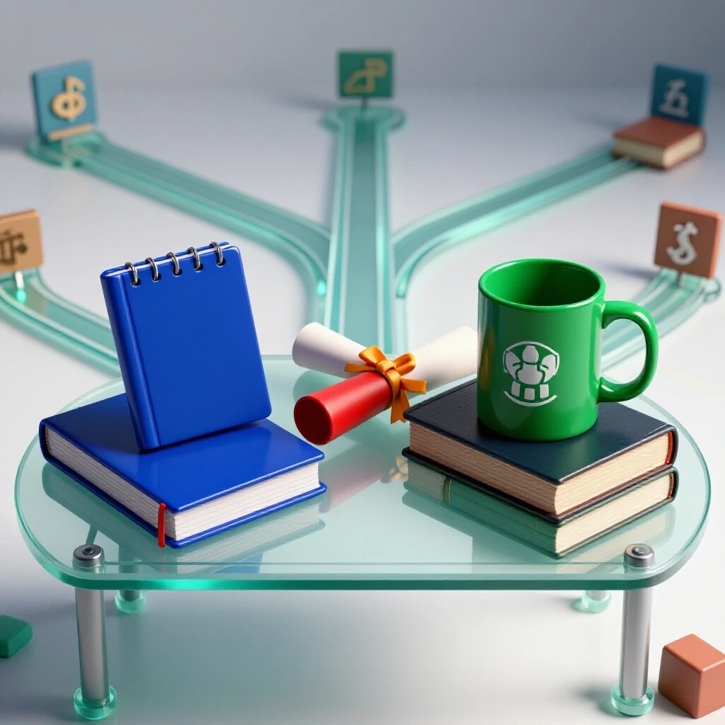 Student and professor's desk with academic symbols, degree scroll, and branching pathways reflecting mentorship.
