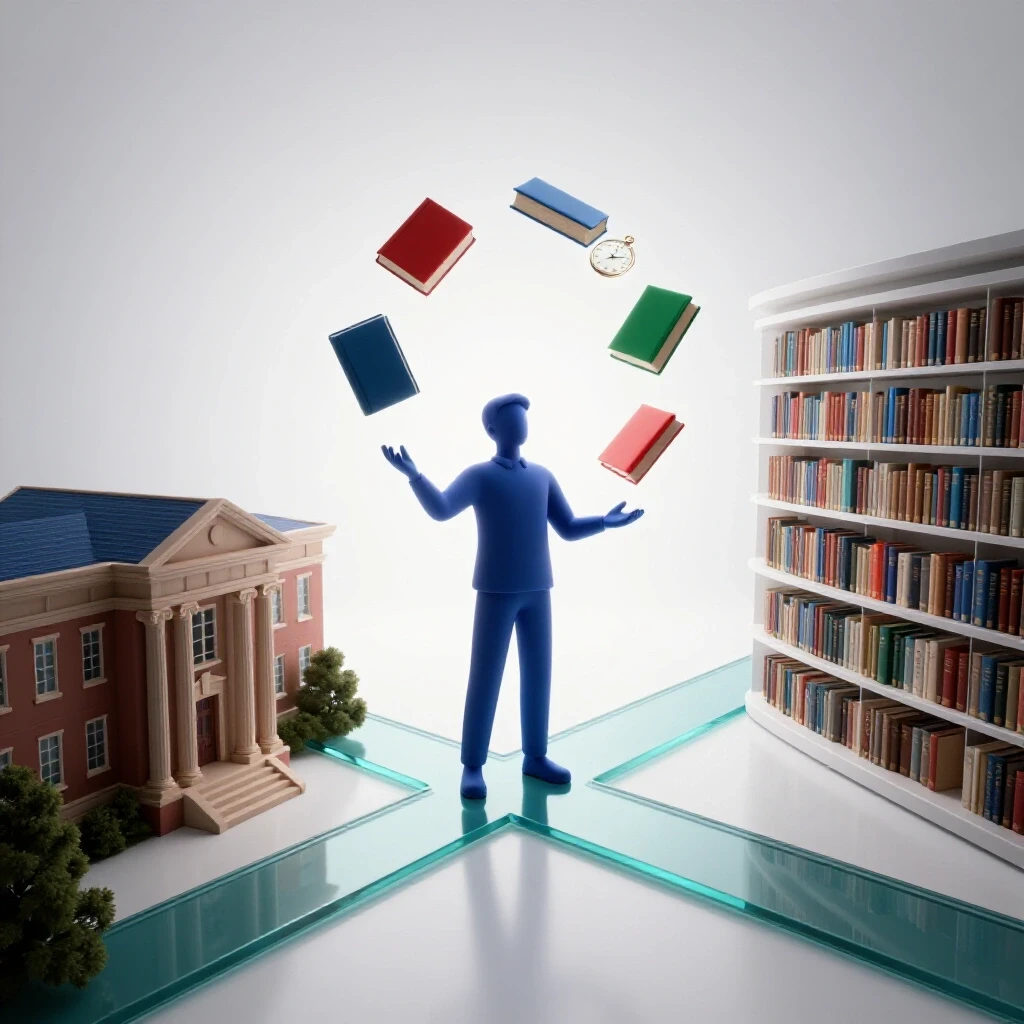 A student-shaped abstract figure juggles colorful glowing books and a luminous timepiece between a campus and library.
