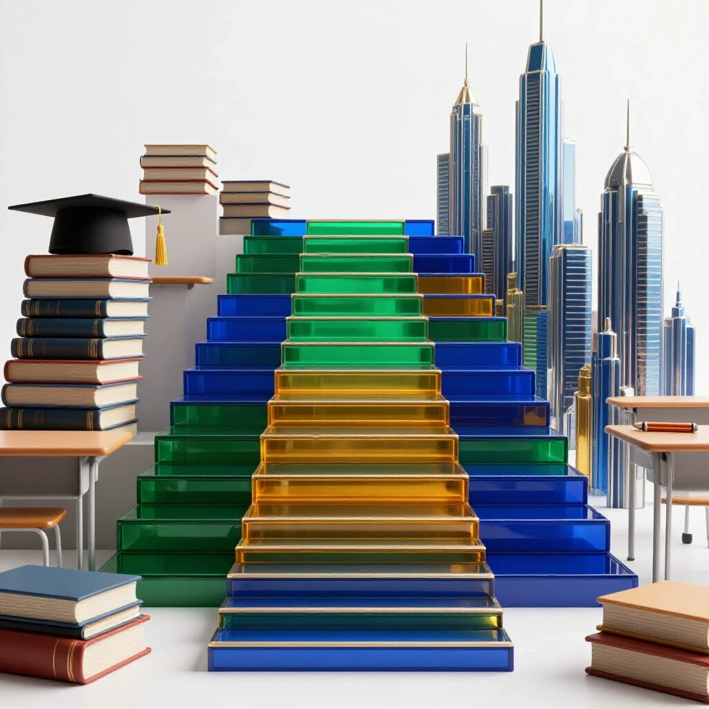 Bold colored steps ascend from a classic classroom to a gleaming city skyline on a bright white background