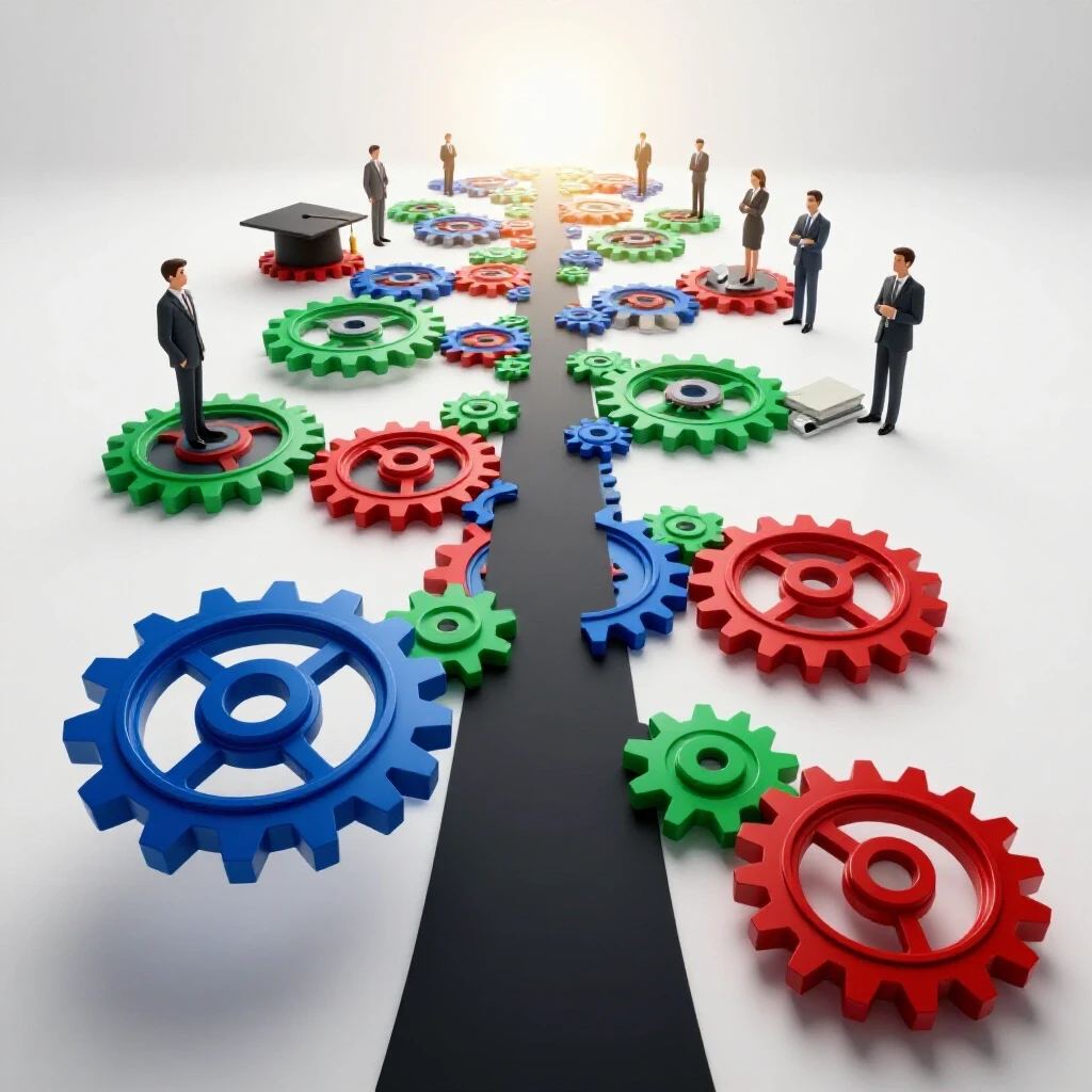 Interconnected metallic gears branch out toward luminous symbols of diverse professions on a bright background.
