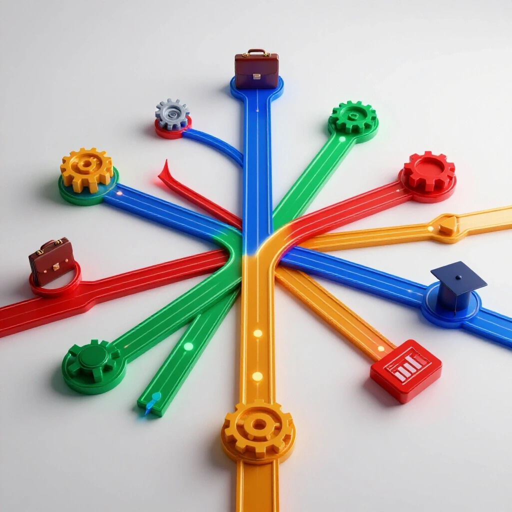 A network of vibrant, branching pathways with career symbols at each end, set on a bright background.