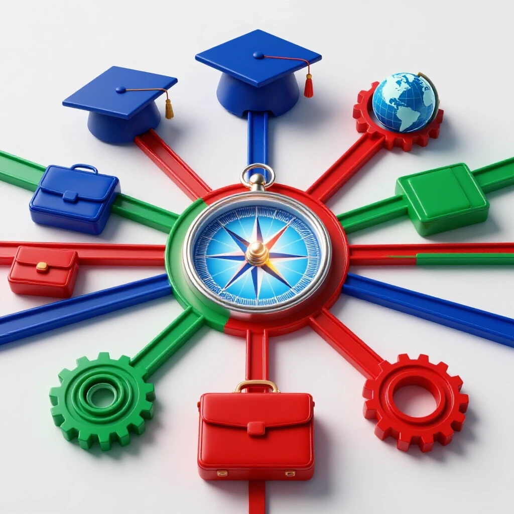 Vivid crossroads with luminous compass and bold career symbols radiating on a bright white background
