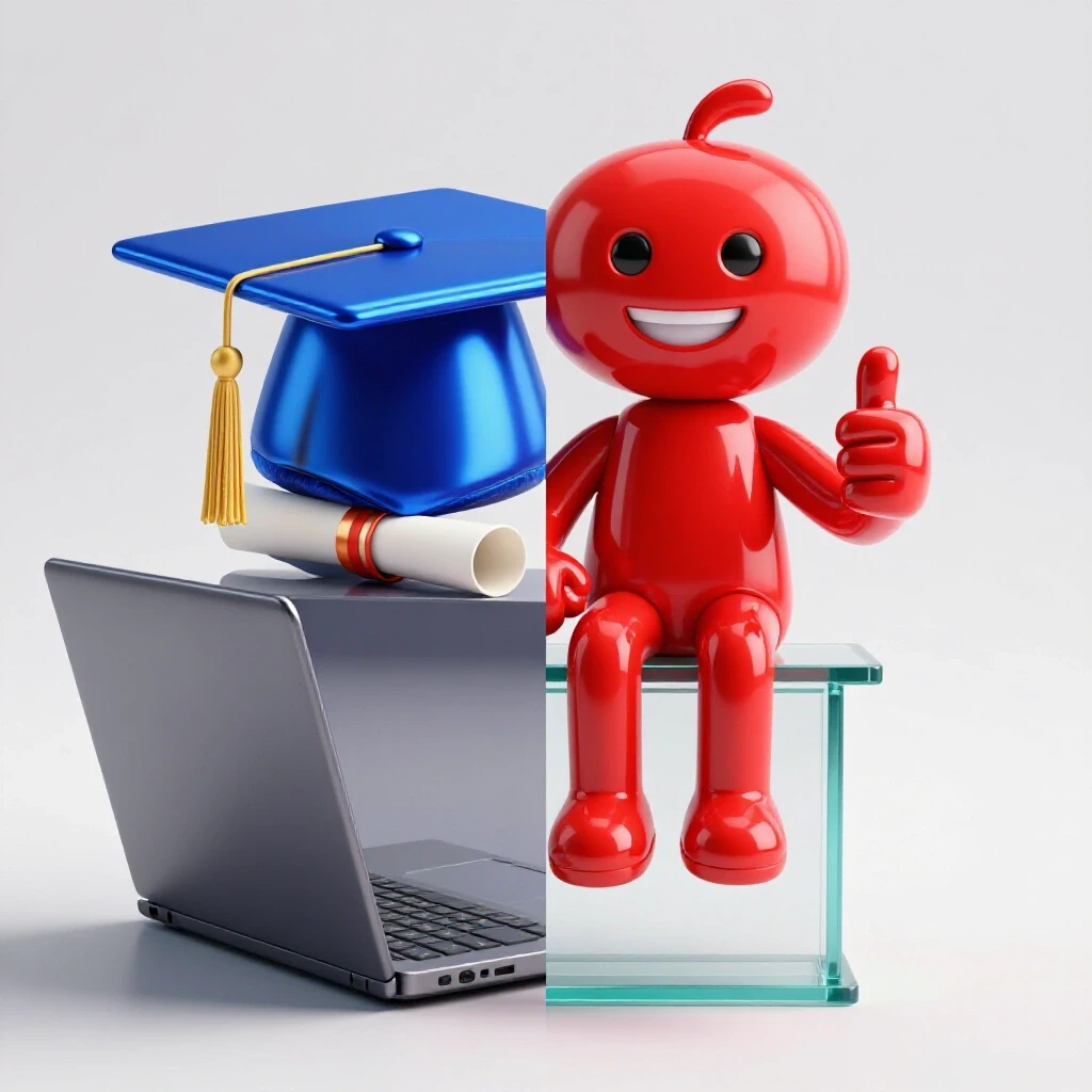 Split image of a graduate cap and diploma on a laptop beside a vivid Reddit avatar on a bright background