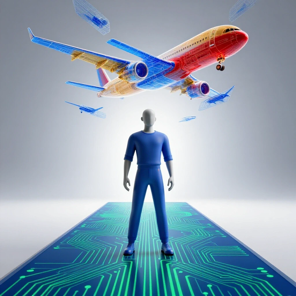 Stylized figure stands on a glowing digital runway, looking up at soaring translucent airplane blueprints overhead.