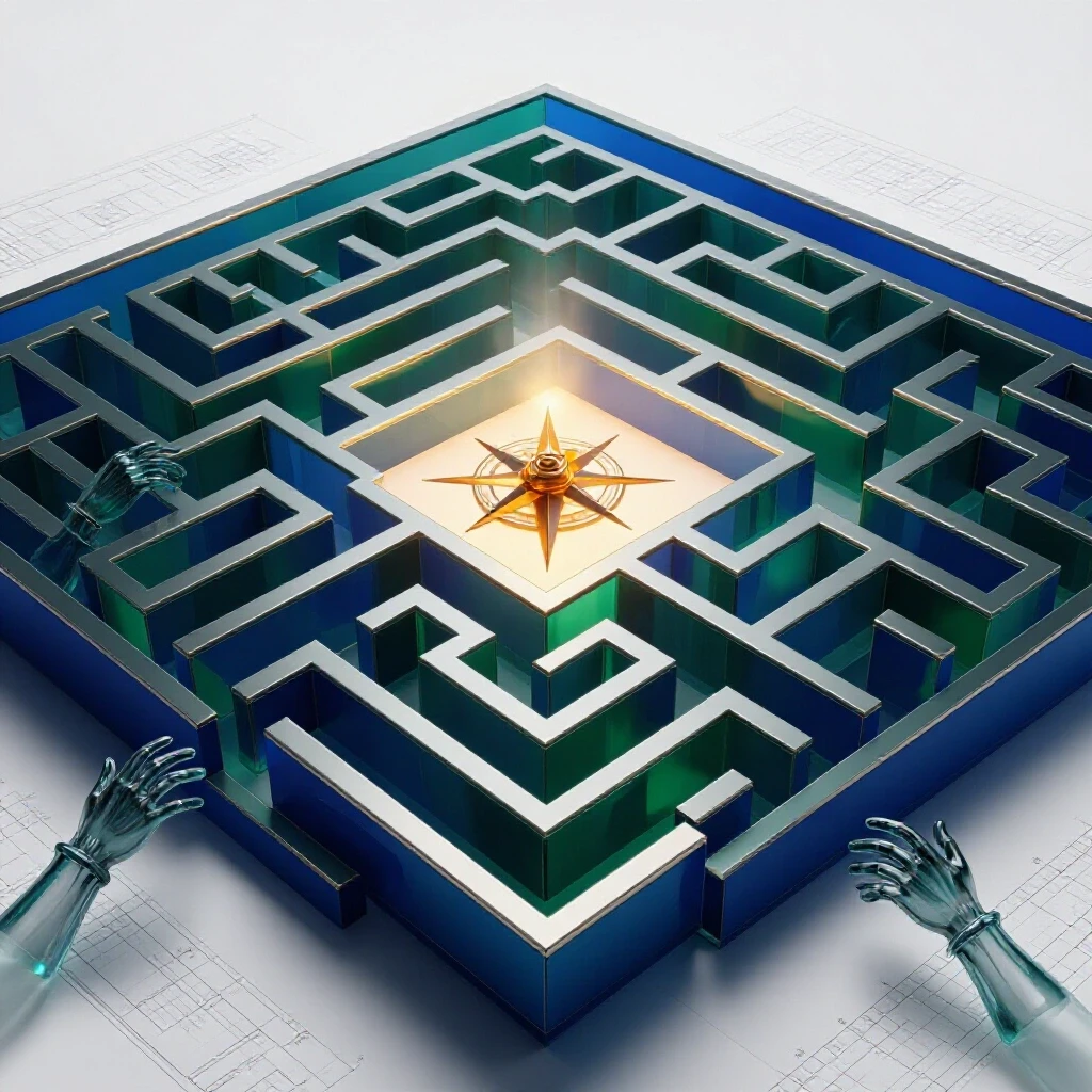Digital maze of architectural blueprints with spotlighted compass at crossroads and shadowy reaching hands