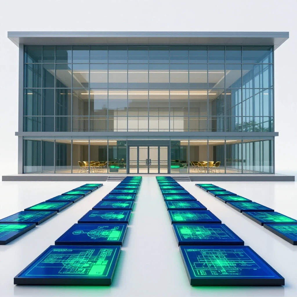 Pathway of glowing digital screens leads to a glass-walled university with golden chairs inside on a bright white background.