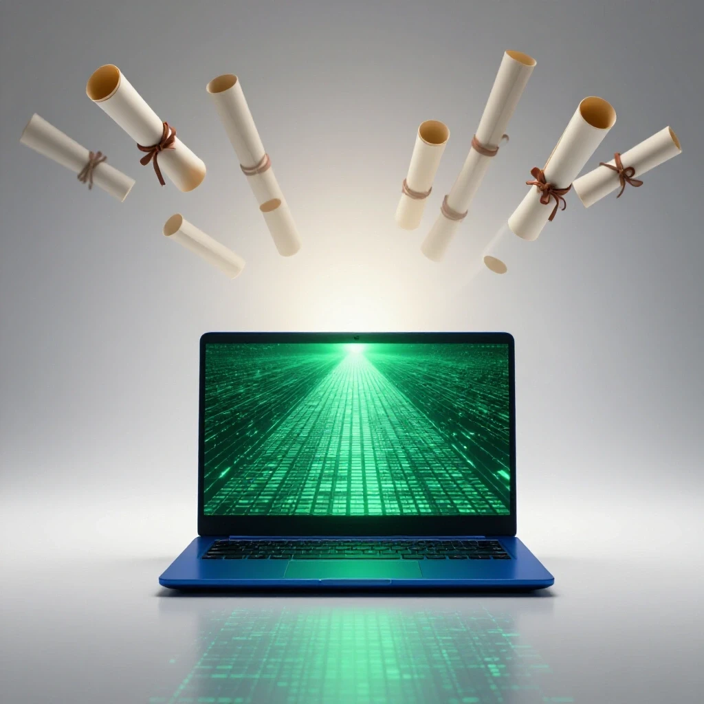 Vivid laptop with glowing digital tiles forming a pathway to a bright horizon, faded diplomas in background.