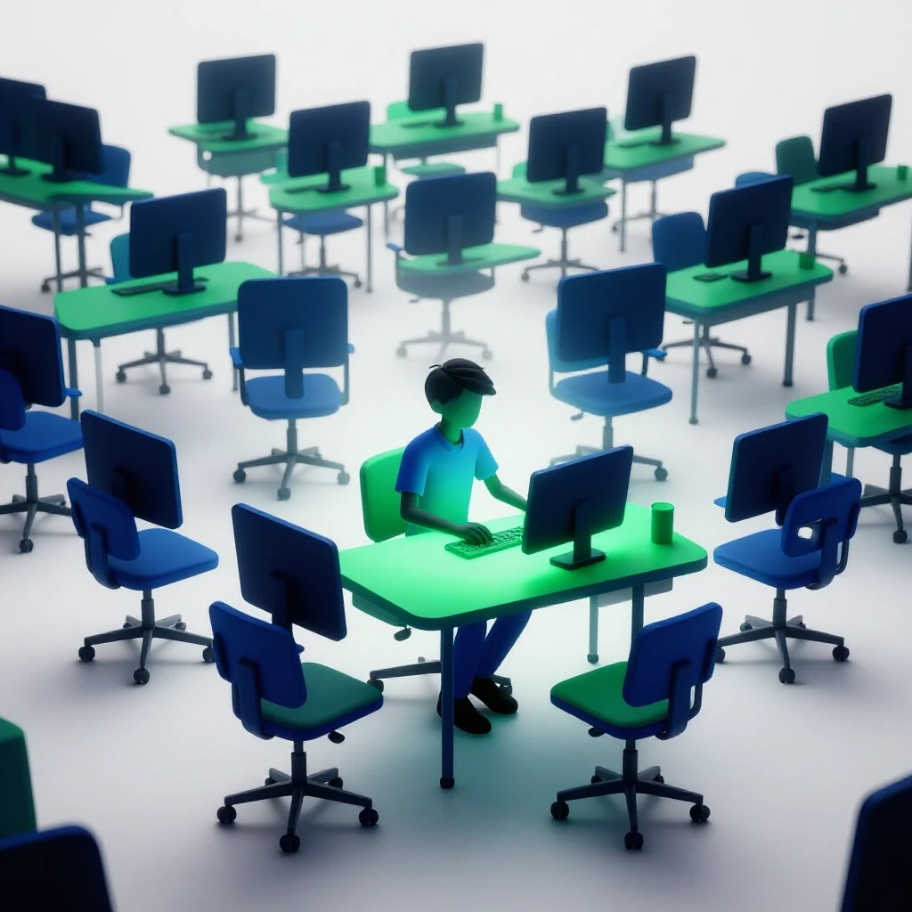 Lone student at glowing computer desk, surrounded by faded empty chairs in a bright virtual classroom.