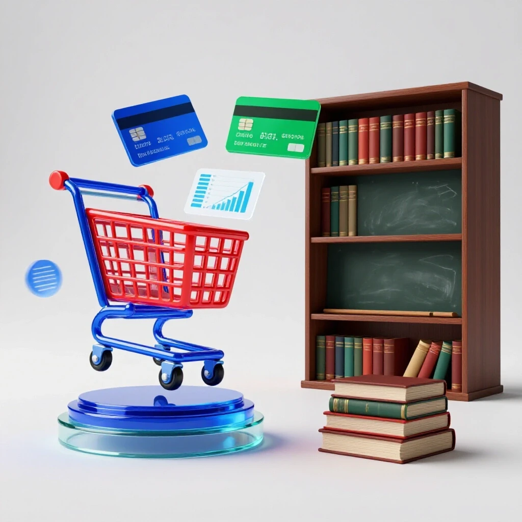 Dramatic split scene with vibrant digital commerce symbols on one side and classic classroom objects on the other, set in a bright studio.