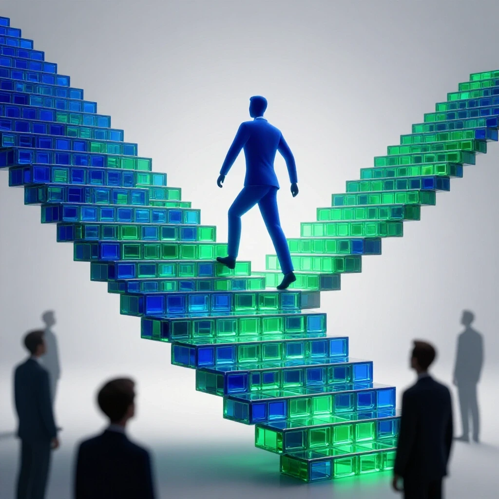 A vibrant staircase of glowing digital tiles with an abstract figure ascending, silhouettes watching below, set on a bright studio background.