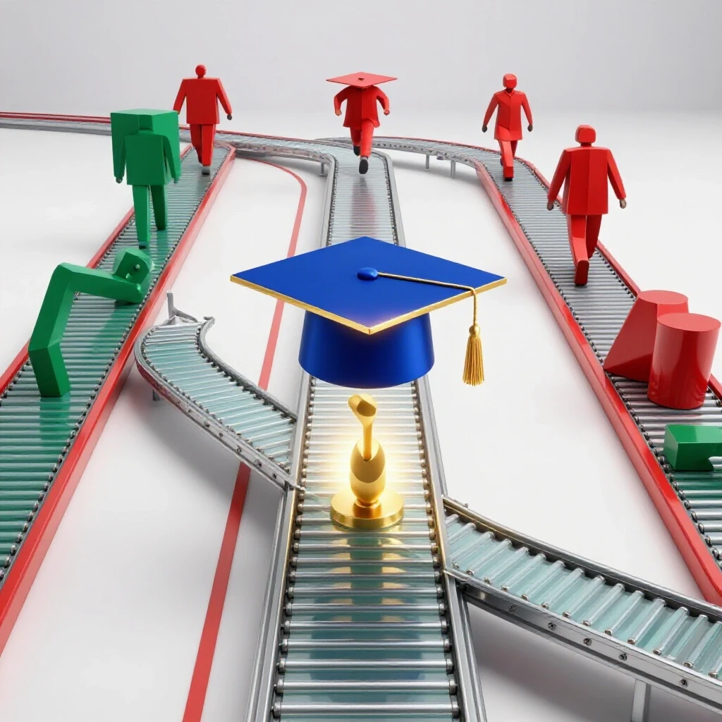 Dynamic geometric symbols racing towards a glowing graduation cap on a bright white background, showing fast-track learning.