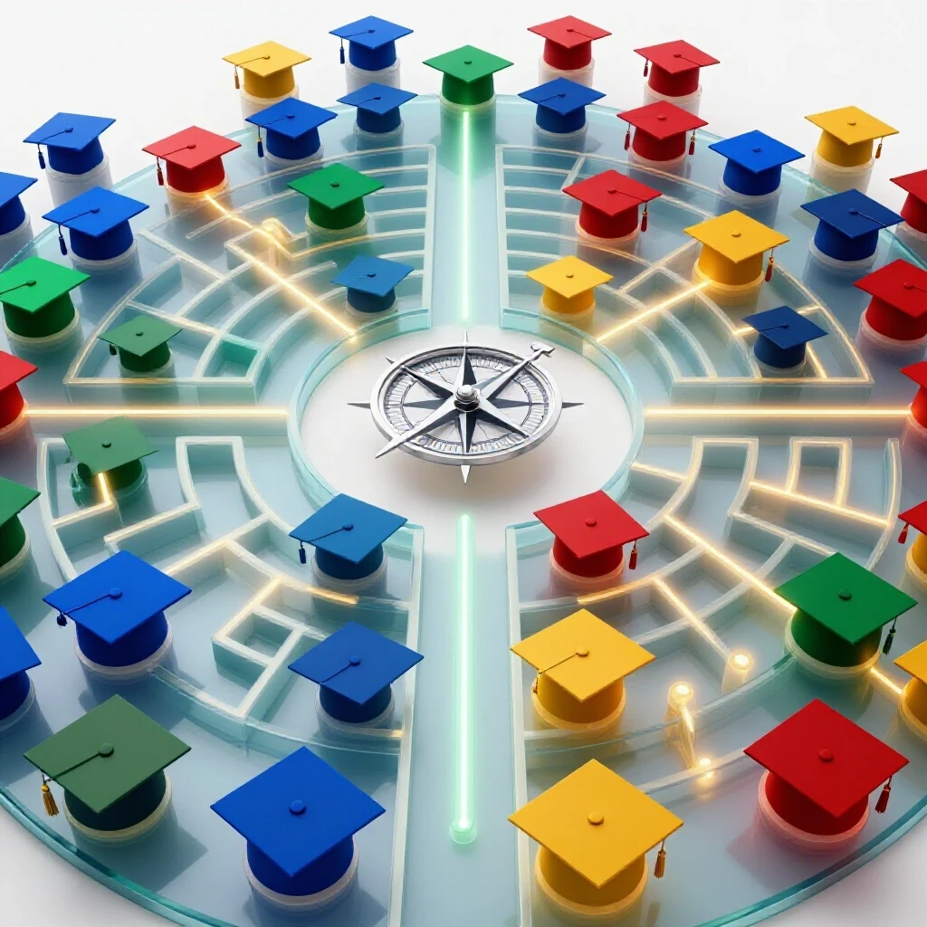 Maze of radiant pathways leading to vibrant graduation caps with a central compass on a bright background.