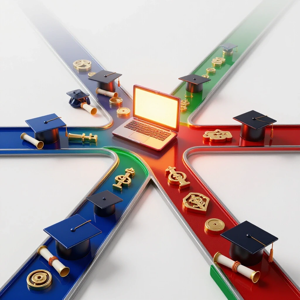 Two diverging paths at a crossroads, one leading to a glowing laptop with graduation symbols, the other fading into uncertainty.