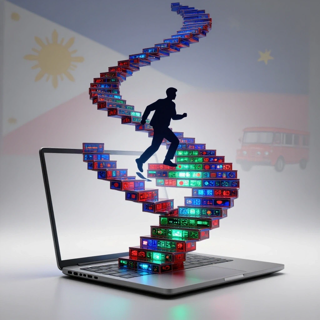 A vibrant digital staircase of glowing tiles ascends from a laptop, with Philippine symbols in the background.