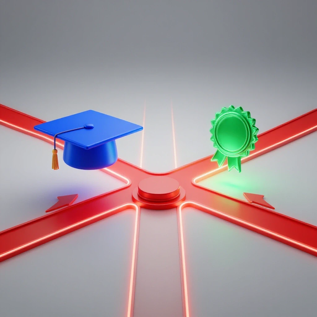 A virtual crossroads with a royal blue graduation cap on one side and an emerald green certification badge on the other, both shining under bright studio lighting.