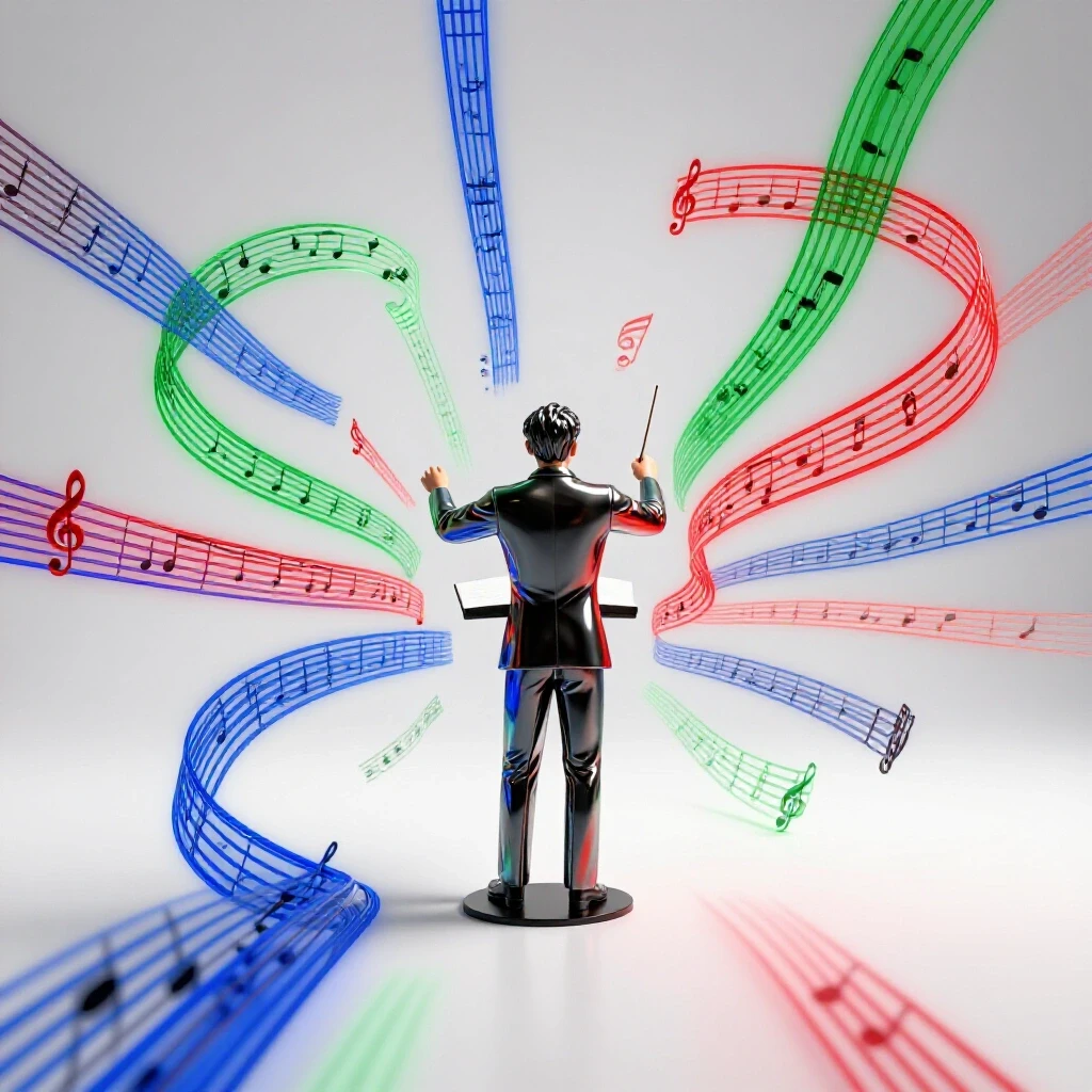 Dynamic virtual orchestra conductor with swirling digital sheet music and glowing pathways on bright white background