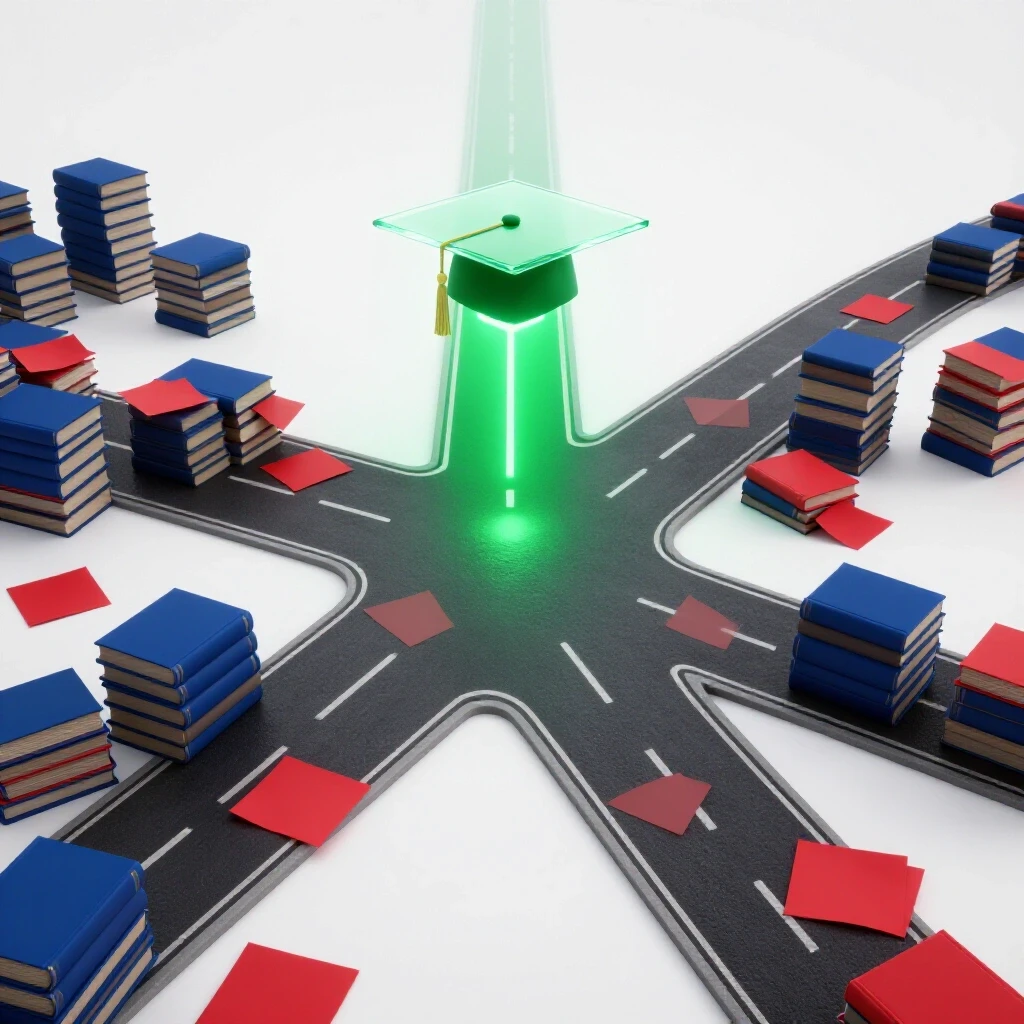 Crossroads with a winding book-lined path and a sleek illuminated lane leading to a glowing academic cap
