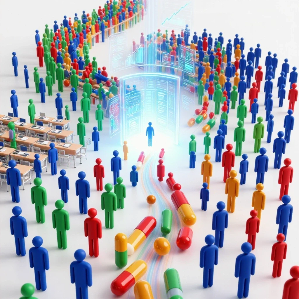 Diverse colorful abstract students moving from classrooms into a bright digital portal with growth data visuals